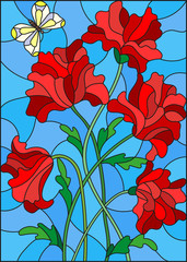 Illustration in stained glass style with a bouquet of red poppies and a butterfly on the background of blue sky