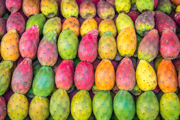 Opuntia ficus indica on a stand on market place of the old part of Syracuse - Ortygia isle, Sicily, Italy