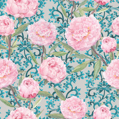 Pink peony flowers. Vintage floral repeating asian pattern, oriental ornamental decor. Watercolor