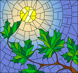 Naklejki  Illustration in stained glass style with green branches of maple tree on sky background and sun