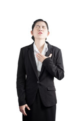 Chest pain or asthma in a woman isolated on white background. Clipping path on white background.