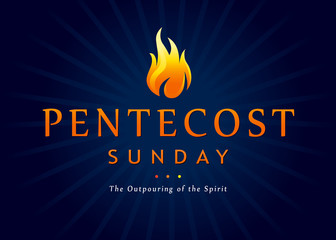 Pentecost Sunday fire banner. Invitation vector template the service of Pentecost in the form of text Pentecost Sunday and The Outpouring of the Spirit with a tongue of flame