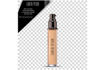 Liquid makeup foundation in bottle and face powder.  Spray bottle. Photo realistic Vector illustration. 