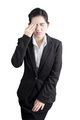 Eyes pain and eyes strain in a woman isolated on white background. Clipping path on white background.