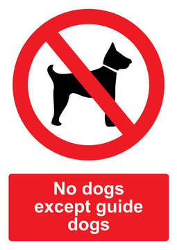 Red Prohibition Sign isolated on a white background -  No dogs except guide dogs
