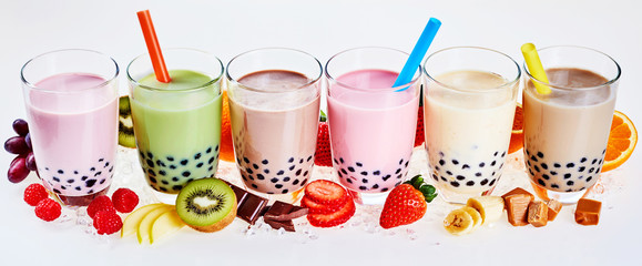Selection of fruit flavored bubble or boba tea