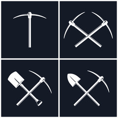 White Tools for Excavation Isolated on Black Background, Two Crossed Pickaxes and Crossed Shovel with Pickaxe, Mining Industry, Black and White Vector Illustration