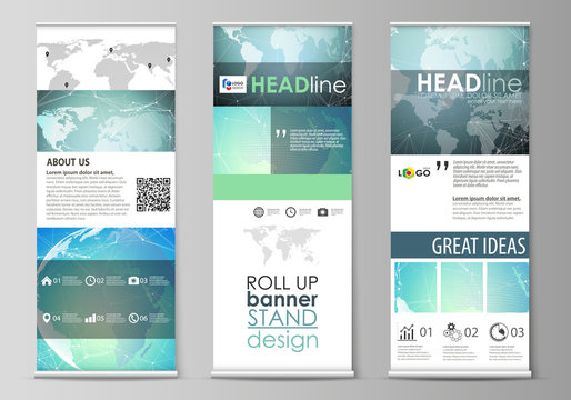 The minimalistic vector illustration of editable layout of roll up banner stands, vertical flyers, flags design business templates. Chemistry pattern, molecule structure, geometric design background.