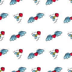 Seamless pattern of hearts, wings with arrows. Background for design of packing wedding, invitation for Valentine's day, posters.