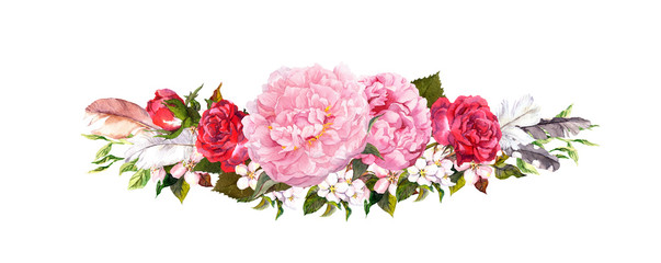 Pink peony flowers, roses and feathers. Watercolor in vintage style