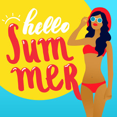Hello summer lettering and Woman
