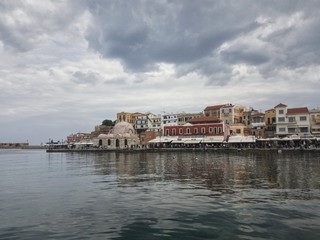 Fototapeta na wymiar Chania Crete old Venetian port view with cloudy sky