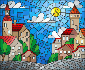 Illustration in stained glass style, urban landscape,roofs and trees against the day sky and sun