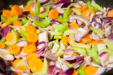 Fresh food ingredients cooking in the pan