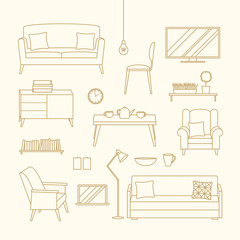 Vector set of furniture of living room. Outline illustration