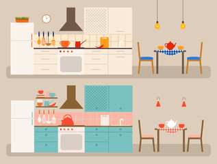 Vector interiors of kitchen. Two color variants. Dining places