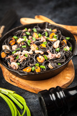 Black spaghetti with seafood