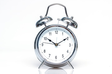 silver antique vintage grandfather clock on whitw background.