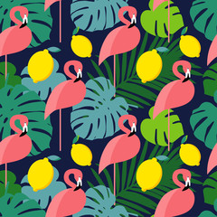 Obraz premium Seamless vector background with pink flamingos on a dark blue background.