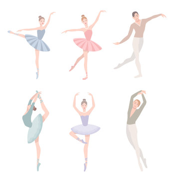 Set of ballet dancer. Vector illustration in flat style. Girl and guy in tutu dress, different choreographic position collection.