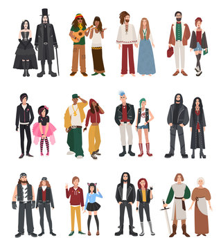 Set of different subculture. Couple rapper, hipster, punk, rocker, hippie, goth, emo, historical reenactors, metalhead, biker, rastaman. Girl and guy in flat style illustration collection.