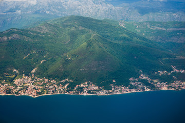 Fototapeta na wymiar Montenegrin coast, view from the airplane. Aerial shooting