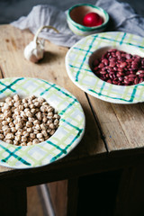 Handmade pottery with checked pattern. Still life, rustic consept with copy space