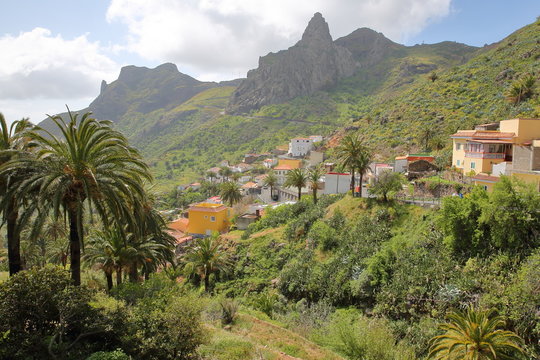 IMADA, LA GOMERA, SPAIN: Mountainous and green landscape with Imada village in the background and cactuses in the foreground