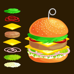 Set of burger grilled beef vegetables dressed with sauce bun snack, hamburger fast food meal menu barbecue meat with detailed individual flying slices menu ingredients vecor illustration background