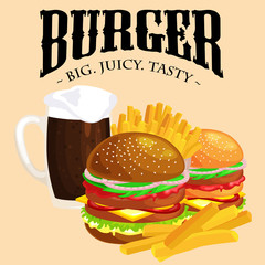 Set of tasty burgers grilled beef and fresh vegetables dressed with sauce bun for snack, american hamburger fast food meal French fries with cold bear brown ice drink vecor illustration background