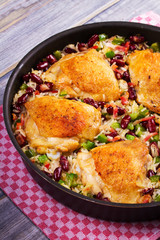 Chicken with Rice, Beans, Bacon and Green Pepper in Pan.
