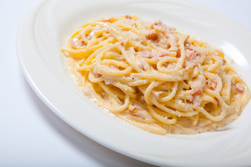 Pasta Carbonara with ham and cheese,Spaghetti Carbonara With Baked Ham And Parmesan