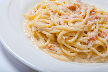 Pasta Carbonara with ham and cheese,Spaghetti Carbonara With Baked Ham And Parmesan