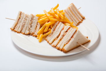 Different types of sandwiches with French fries on a white plate