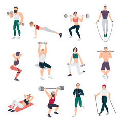 Fototapeta na wymiar Gym people set. Young man and women engaged in sport. Different exercises collection in flat style. Vector illustration.