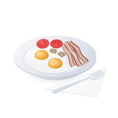 Delicious breakfast on white plate isolated on white background. Eggs, bacon, tomato, mushrooms. Isometric view. Vector flat illustration.
