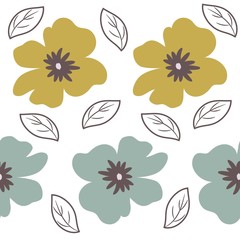 Seamless pattern with big flowers and leaves on a white background. It can be used for packing of gifts, registration of notebooks, diaries, tiles fabrics backgrounds. Vector illustration.