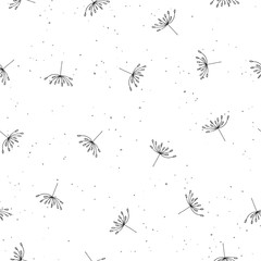 Dandelion seamless pattern. Black hand drawn flying dandelion seeds on white background