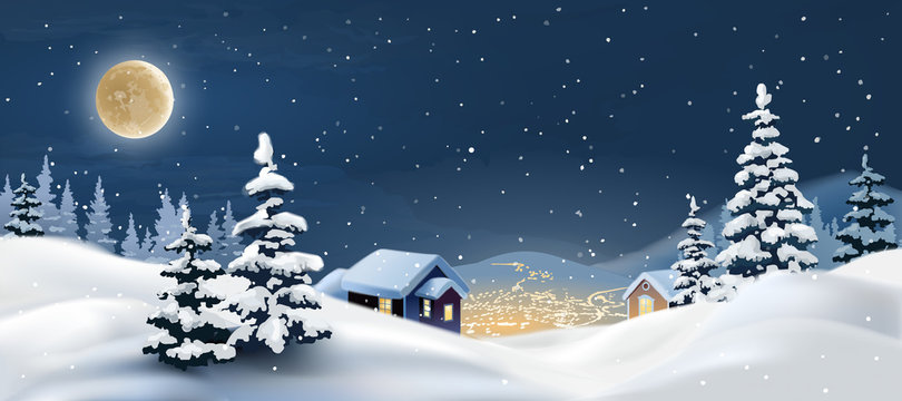  illustration of a winter landscape. Snowy Christmas night.