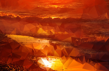 Red polygon pattern. hexagon background of the bright red sunset among the waves and pebbles