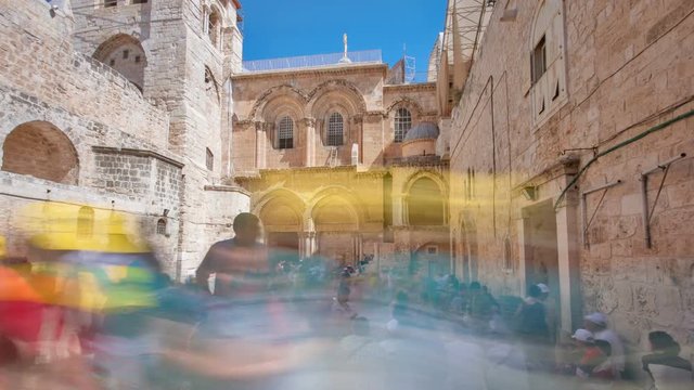 Vew on main entrance in at the Church of the Holy Sepulchre in Old City of Jerusalem timelapse hyperlapse