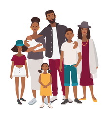 Obraz premium Large family portrait. African mother, father and five children. Happy people with relatives. Colorful flat illustration.