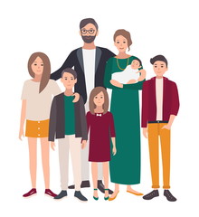 Large family portrait. European mother, father and five children. Happy people with relatives. Colorful flat illustration.