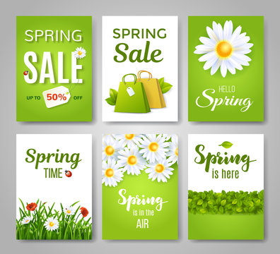 Spring card set with spring quotes, flowers and green grass. Perfect for greeting cards, sale badges, banners, poster, cover, tag, invitation. Vector illustration.