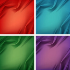 Vector Set of Colored Red Green Blue Violet Purple Satin Silky Cloth Fabric Textile Drape with Crease Wavy Folds. Abstract Background