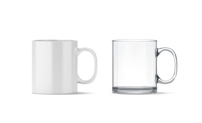 Blank white and transparent glass mug mockup isolated, 3d rendering. Clear 11 oz coffee cup mock up for sublimation printing. Empty gift pint set branding template. Glassy translucent tankard design.