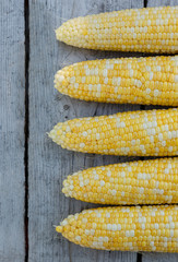 Freshly picked bicolor sweet corn on a wooden background.