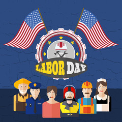Obraz na płótnie Canvas Vector poster of Happy Labor Day with group avatars of different professions, label, flags on the dark blue background with cracks.