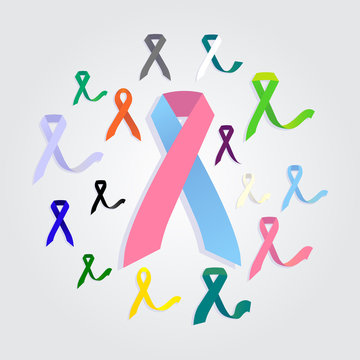Collection of different colorful awareness ribbons