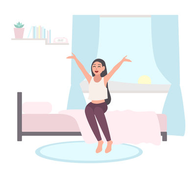 Wake Up Early Concept. Happy Girl Get Out Of Bed In Morning. Flat Illustration On White Background.